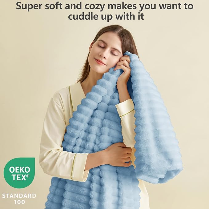 HIMEET Light Blue Ribbed Throw Blanket for Couch - 300GSM Lightweight Soft Fleece Blanket for Women Men, Cozy Blankets for Mothers Gifts, Striped Spring Home Room Decor, Light Blue, 50x60 Inches