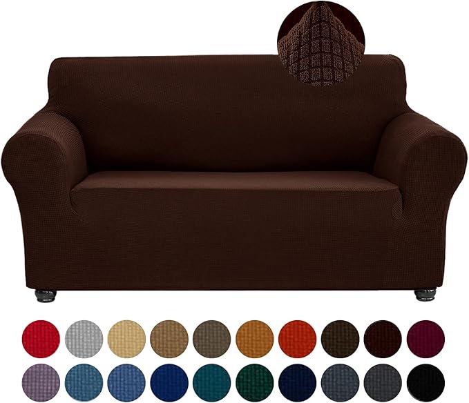 Joccun Stretch Loveseat Couch Cover Slipcover, 1-Piece Sofa Cover for 2 Cushion Couch Spandex Jacquard Washable Furniture Protector Cover for Living Room,Kids,Pets（Loveseat,Chocolate）