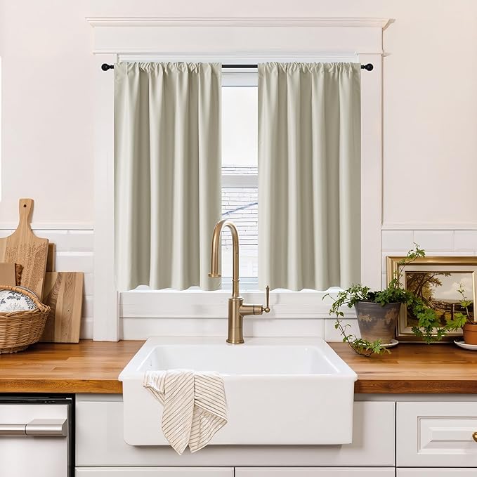 RYB HOME 100% Blackout Short Curtains for Small Window, Thermal Insulated Total Room Darkening Noise Reducing Curtains for Kitchen Bathroom Basement, 42 inches Wide by 48 inches Long, Natural