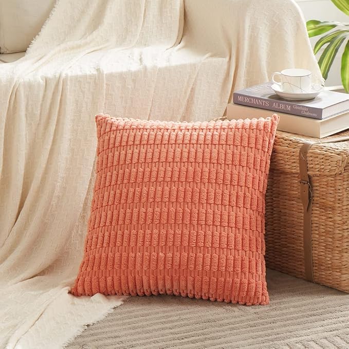 Fancy Homi 4 Packs Boho Coral Decorative Throw Pillow Covers 26x26 Inch for Living Room Couch Bed Sofa, Rustic Modern Farmhouse Home Decor, Soft Plush Corduroy Peach Cute Square Cushion Case 66x66 cm