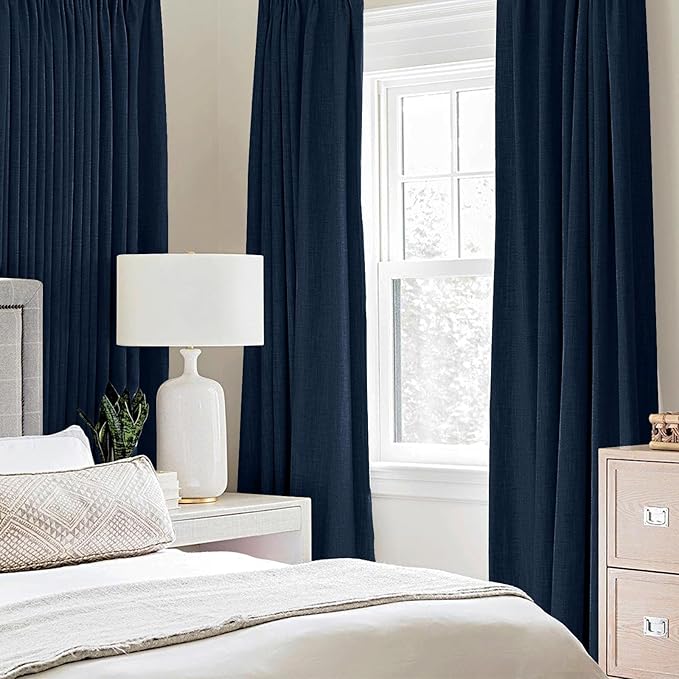 MIULEE Linen Textured Curtains for Bedroom Solid 100% Blackout Thermal Insulated Midnight Blue Grommet Room Darkening Curtains & Drapes Luxury Decor for Living Room Nursery 52 x 63 Inch (2 Panels)