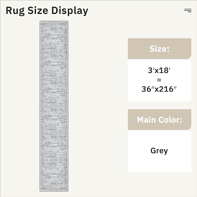 Hallway Runner Rug 3x18 - Kitchen Rugs 18ft Washable Entryway Rug Vintage Kitchen Runners Non Slip Farmhouse Indoor Carpet Runner for Living Room Bedroom, Grey