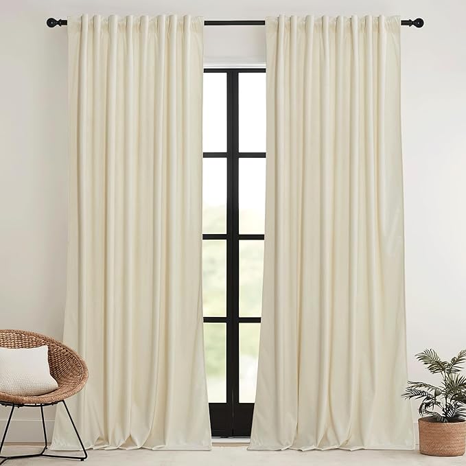 RYB HOME Beige Velvet Curtains 84 inches - Rod Pocket & Back Tab Boho Window Panels Privacy Theraml Insulted Drapes for Bedroom Bathroom, W52 x L84, 1 Pair