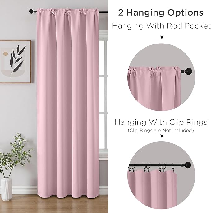 CUCRAF Light Pink Blackout Curtains 63 inch Length 2 Panels Set, Rod Pocket Room Darkening Drapes for Bedroom Living Room, Insulated Thermal Light Blocking Window Curtain (W52 x L63 Inch)