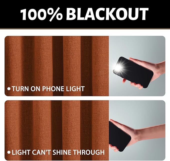 Yakamok Burnt Orange Linen Curtains 100% Blackout 63 Inches Long,Room Darkening Textured Curtains for Living Room Thermal Grommet Bedroom Curtains 2 Panels with White Liner