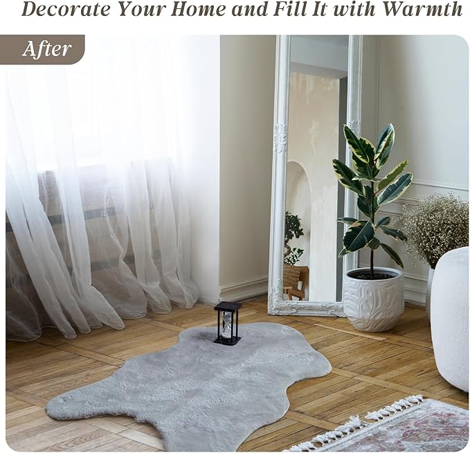 ThreadGlobe Fluffy Faux Rabbit Fur Rug 2'x3', Ultra Soft & Non-Slip Small Rugs for Bedroom, Living Room, Nursery, No Shedding Machine Washable Rug, Grey, 2x3 Ft