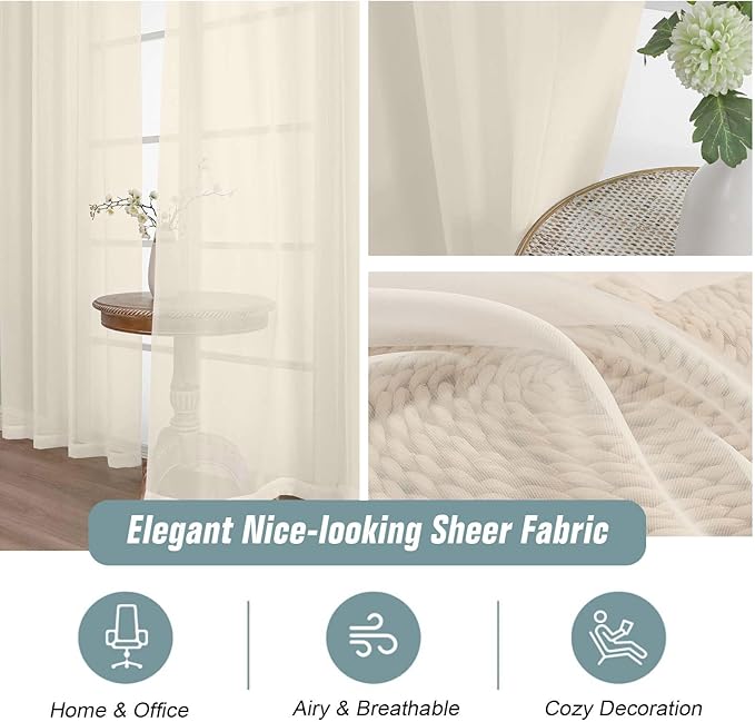Cream Sheer Curtains 120 Inches Long 2 Panels, Extra Long Light Filtering Modern Window Curtains for Sliding Glass Door, Rod Pocket Voile Drapes for Living Room Bedroom, 2x42Wx120L Inches