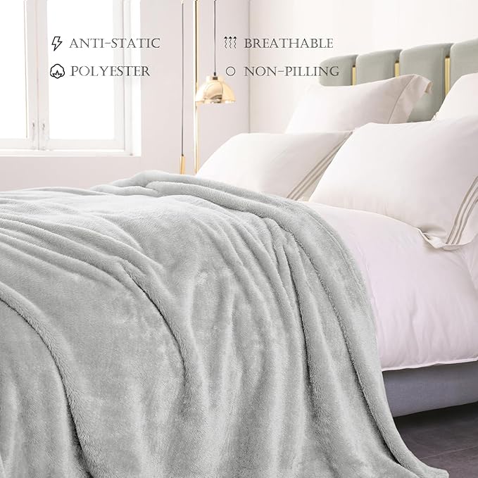 Exclusivo Mezcla Plush Fuzzy Fleece Bed Blanket Queen Size, Super Soft, Fluffy and Warm Blankets for Couch, Bed, All Season (Light Grey, 90x90 Inches)