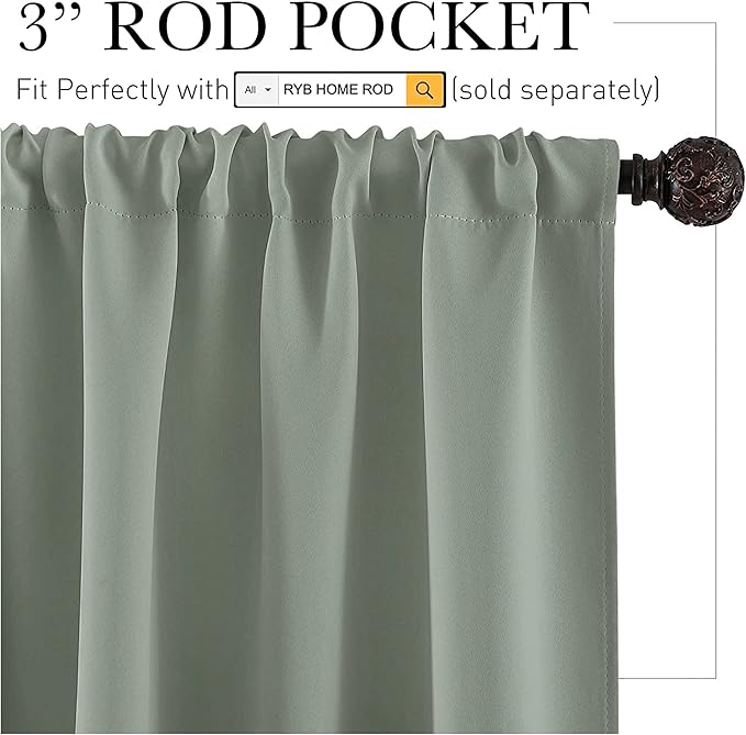 RYB HOME Blackout French Door Window Curtain Covering, Rod Pocket Thermal Insulated Privacy Non See Through Drapes for Bathroom Window, Width 29 by Length 45, Greyish Green, 2 Panels