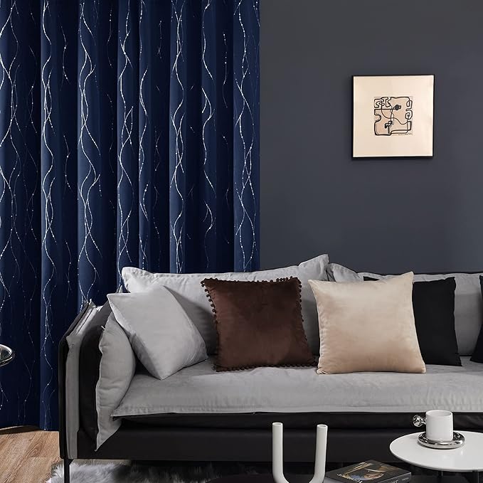 Deconovo Navy Blue Curtains, Blackout Curtain for Bedroom, 42 x 72 Inch, Thermal Insulated Soundproof Privacy Drapes with Silver Wave Dots Pattern, Grommet Top, Machine Washable Panel for Living Room