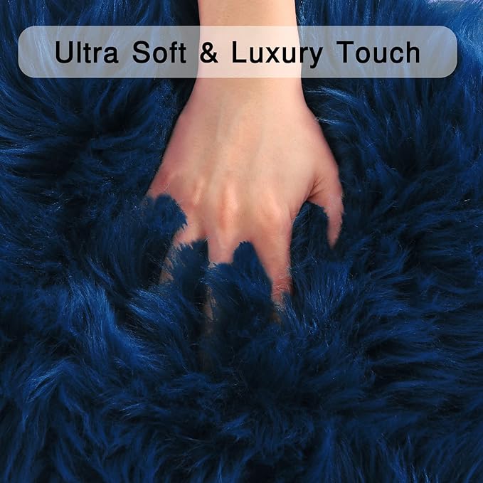 duduta Navy Blue Faux Sheepskin Fur Rug 3x5 ft, Fluffy Shag Bedroom Dorm Nursery Playroom Carpet Rug Non Slip Washable