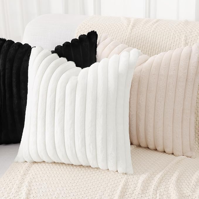 decorUhome Cozy Faux Fur Throw Pillow Covers 16x16 Set of 2 Decorative Soft Plush Striped Modern Farmhouse Boho Couch Pillow Cases with Velvet Back for Sofa Bed Living Room, Black