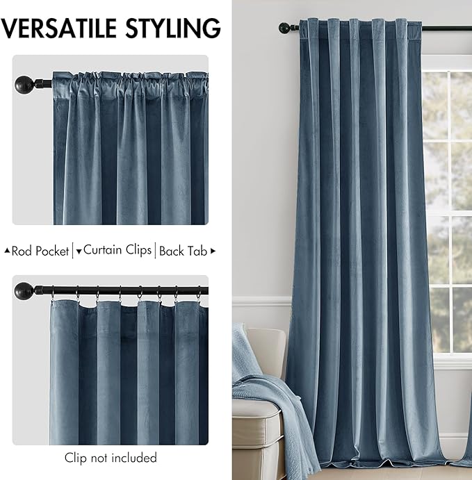 MIULEE Velvet Curtains 96 inches - Luxury Blackout Curtains for Bedroom Living Room Thermal Insulated Super Soft Window Drapes Rod Pocket & Back Tab, Stone Blue, W52 x L96 inches, 2 Panels
