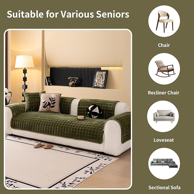 Velvet Couch Cover, Washable Sectional Sofa Cover, Anti Slip Sofa Slipcover for 3 Cushion Couch Sofa L Shaped Armrest Backrest, Furniture Protector Covers for Pets Kids(1PC,Green,36"×83")