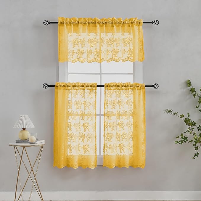 YJ YANJUN Vintage Lace Curtains 36 Inch Length- Victorian Floral 70s Mustard Yellow Short Kitchen Curtains for Bedroom Bathroom Small Window Coffee Cabinet Rod Pocket Gold 2 Panels W26 x L36 Inch