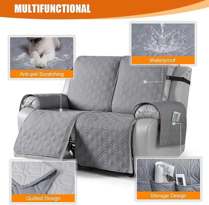 VANSOFY Waterproof Recliner Couch Covers, Sofa Covers 1-Piece Washable Reclining Sofa Cover Non-Slip Furniture Protector with Elastic Straps Pocket for Dogs, Pets(Light Gray,2 Seater)