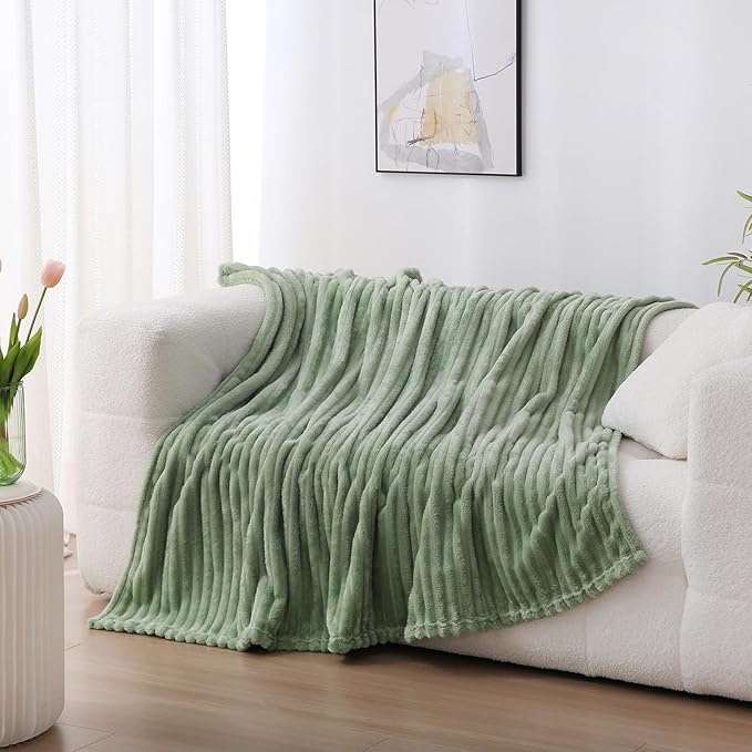 Sage Green Fleece Throw Blanket 50”×70” for Couch Sofa Bed,Super Soft Cozy Plush Microfiber Flannel Blanket with Stripes Design Lightweight for Adults,Woman,Girls
