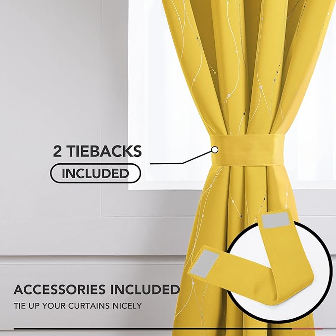 Deconovo Yellow Curtains, Modern Blackout Drapes, Thermal Insulated Soundoroof Pravicy Curtain with Wave Dots Foil, 52 x 84 Inch, Machine Washable Window Panels for Living Room Bedroom Nursery Office