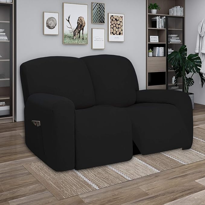 PureFit Super Stretch Loveseat Recliner Sofa Couch Cover with Pocket – 2 Seats Non Slip Soft Sofa Slipcover, Washable Reclining Furniture Protector for Kids, Pets (Recliner Loveseat, Black)