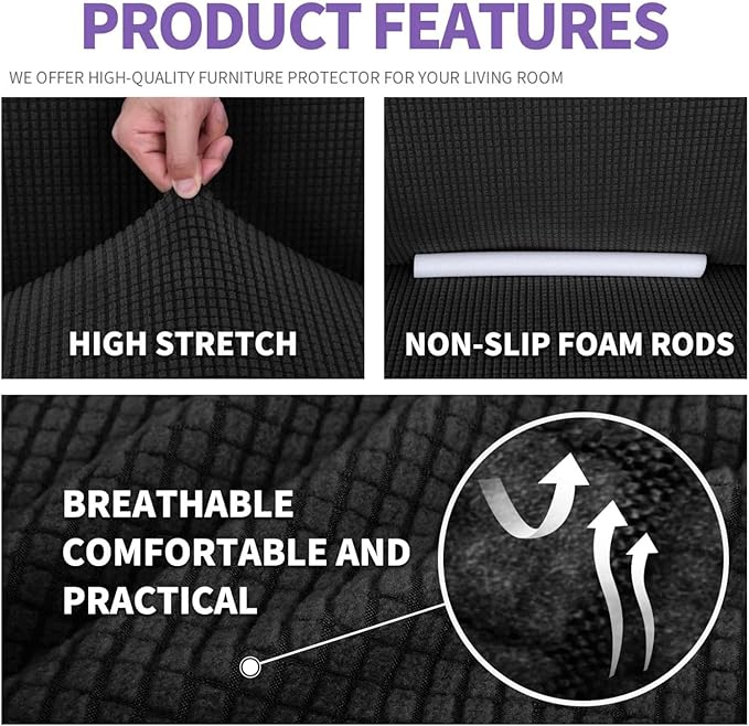 ZNSAYOTX Super Stretch Couch Cover Love Seat Sofa Covers for Living Room Dogs Pet Friendly Furniture Protector Spandex Loveseat Slipcovers with Anti Slip Foam Sticks (Black, Loveseat)