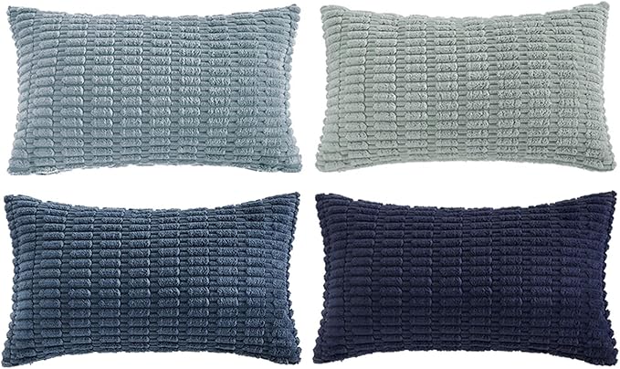Fancy Homi Set of 4 Blue Lumbar Rectangle Decorative Throw Pillow Covers 12x20 Inch for Couch Bed Chair, Farmhouse Boho Room Decor, Soft Fuzzy Corduroy Textured Coastal Blue Cushion Case 30x50cm