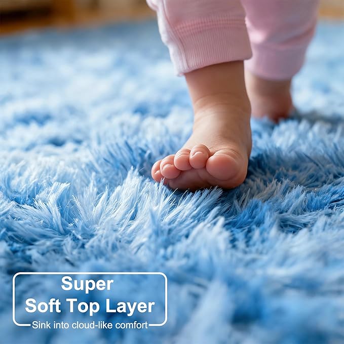 Amdrebio Tie-Dyed Light Blue Round Circle Rug 5Ft for Girls Bedroom, Soft Cute Fluffy Area Rugs for Boys, Kids Room Decor, Plush Shaggy Fuzzy Stitch Carpet for Baby Nursery Playroom Classroom Dorm