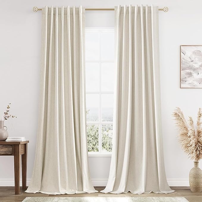 Guken 100% Blackout Linen Curtains 98 Inch Wide by 52 Inch 2 Panels Set for Living Room Bedroom Back Tab Thermal Insulated Black Out Drapes Room Darkening Window Curtains, Linen