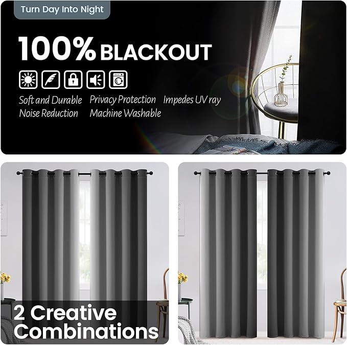 SimpleHome Blackout Curtains Ombre for Living Room,Room Darkening Grey Curtains Set of 2 Panels Thermal Insulated Bedroom Curtains，52 x 84 Inch
