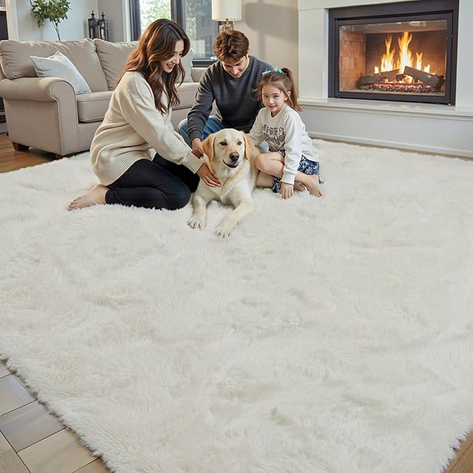 Area Rugs 10x14 Living Room, Shaggy Carpet Soft Plush Furry Bedside Rug Large Area Rugs for Bedroom Kids Girls Boys Home Decor Anti Slip(10 x 14, Cream)