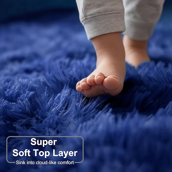Amdrebio Navy Blue Small Round Rug 3Ft for Boys Room Bedroom, Circle Area Rugs for Kids Room, Living Room Decor Aesthetic, Fluffy Shag Fur Throw Royal Dark Blue Carpet for Dorm Playroom Baby Nursery