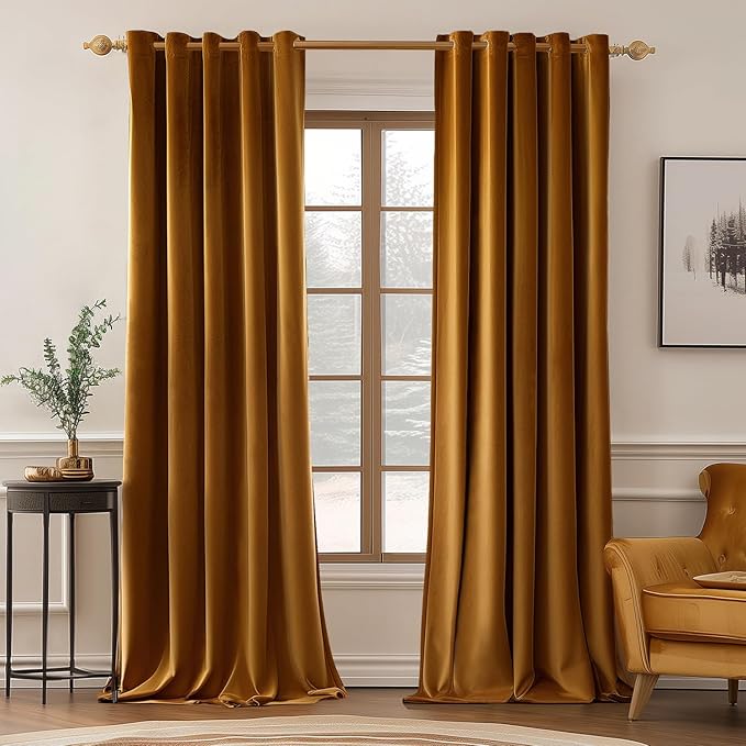 MIULEE Velvet Curtains Golden Brown Elegant Grommet Thermal Insulated Soundproof Room Darkening Curtain/Drapes for Classical Living Room Bedroom Decor 66 x 84 Inch Set of 2