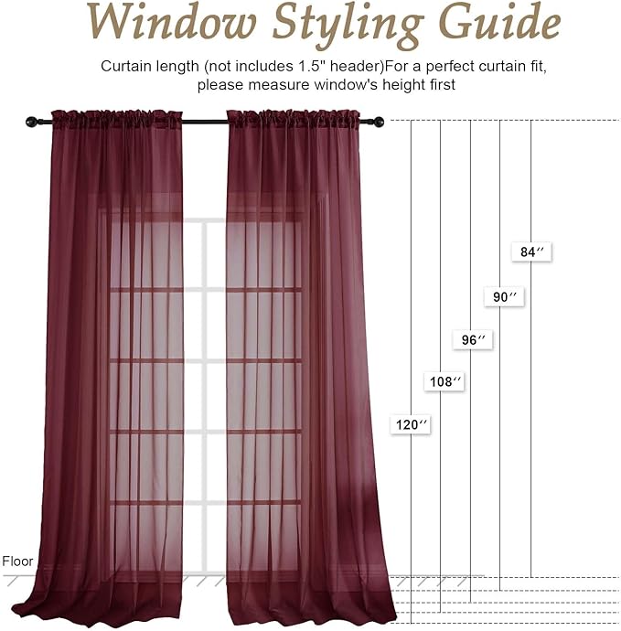 OVZME Burgundy Sheer Curtains 84 Inches Long 2 Panels Set, Light Filtering Sheer Curtains for Living Room Bedroom 59 Inch Extra Wide, Modern Voile Filmy Rod Pocket Window Drapes, 59Wx84L Inches
