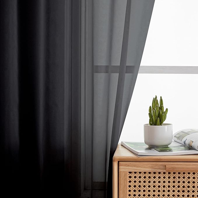 Simplebrand Black Sheer Curtains 108 Inches Long, Extra Long Rod Pocket Solid Color Window Sheer Curtain Panels, Elegant Curtains & Drapes for Living Room, Bedroom 2 Panels (Black, 59" W x 108" L)