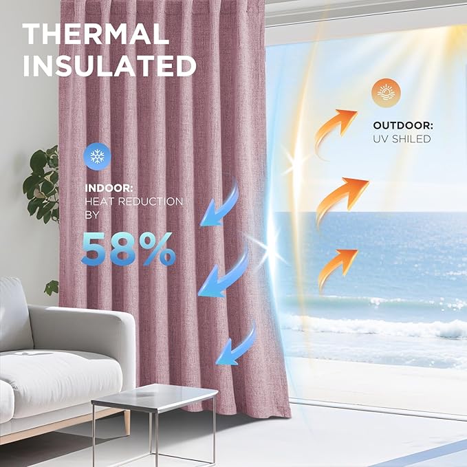 Joydeco Blackout Curtains for Bedroom - 100% Light Blocking 2 Panels Set Pink Drapes 66" W x 90" L, Thermal Insulated Room Darkening Curtains, Linen Textured for Living Room, Rod Pocket & Back Tabs