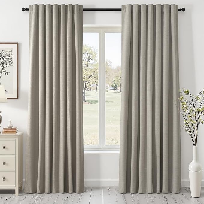 Topfinel 90 Inches Linen Curtains 100% Blackout Curtain for Bedroom Livingroom Vintage Farmhouse Linen Textured Thermal Room Darkening Drapes 2 Panels with Back Tab Rod Pocket Pinch Pleated Flax Grey