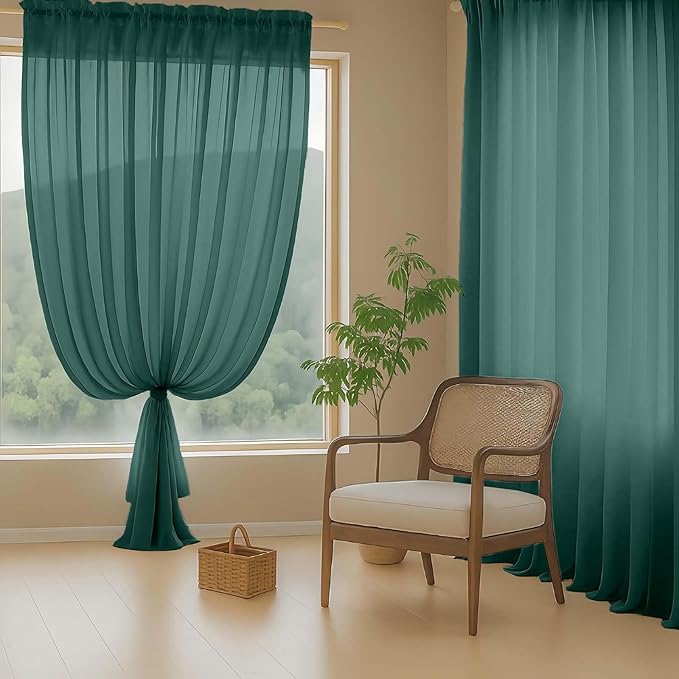 Green Sheer Curtains 90 Inches Long 2 Panels, Light Filtering Solid Sheer Curtains for Christmas, Lightweight Soft Airy Voile Sheer Drapes, Dual Rod Pocket, Hunter Green, 2x42Wx90L Inches