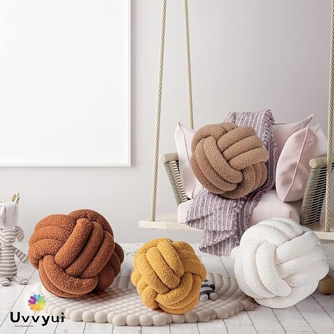 Uvvyui Knot Pillow Ball, Soft Home Decorative Pillows, Round Throw Pillow, Handmade Knotted Plush Pillow, Round Boucle Pillow Cushion (14 Inches Caramel)