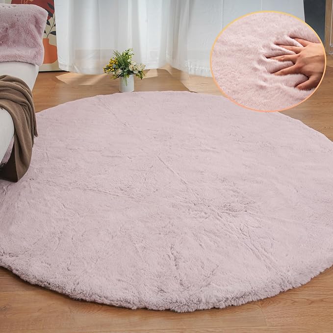 ORINOVA Pink Fluffy Round Rugs 6ft Large Circle Washable Faux Rabbit Shaggy Fur Rugs for Bedroom Living Room Nursery Rug Home Décor