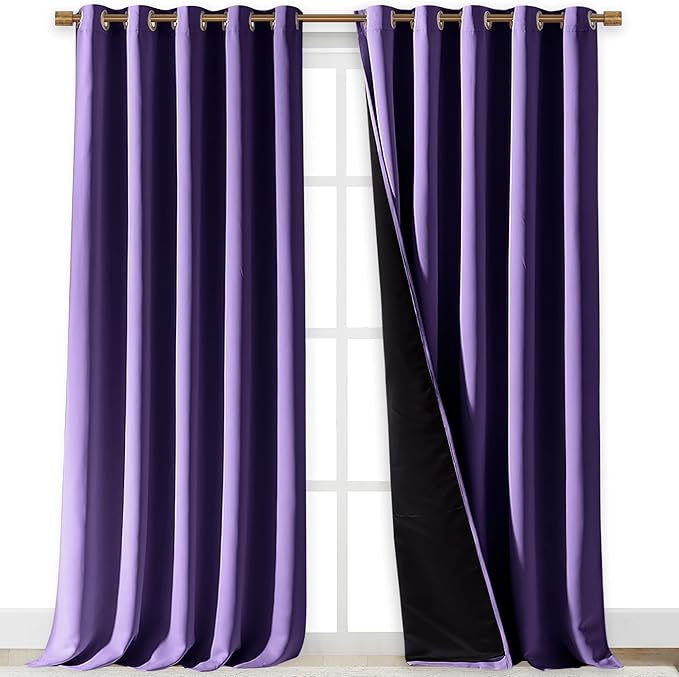 NICETOWN 100% Blackout Blinds, Laundry Room Decor Window Treatment Curtains for Large Patio Sliding Door, Thermal Insulated Lilac Purple Curtains for Bedroom, Set of 2, 70 inches x 108 inches