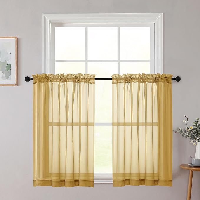 Chyhomenyc Gold Sheer Curtains 30 inch Length 2 Panels, Light Filtering Voile Rod Pocket Short Window Curtians for Bathroom Living Room Farmhouse Small Windows, 42Wx30L inches
