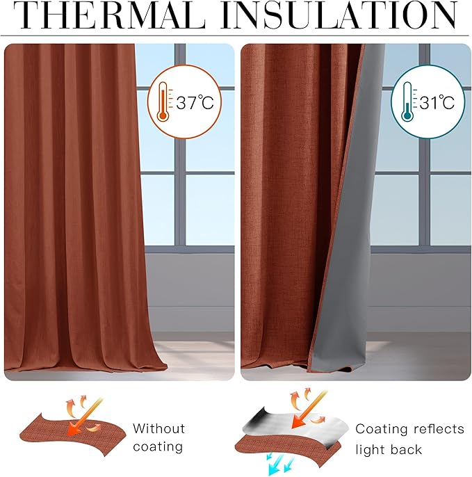 RYB HOME 100% Blackout Linen Textured Curtains 108 inches Long, Insulating Privacy Energy Saving for Bedroom Living Room Window Office Theater Patio Door, W 52 x L 108 in, Terracotta, 2 Panels