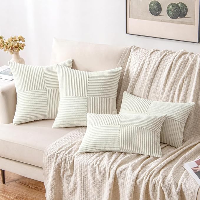 MIULEE White Decorative Throw Pillow Covers 18x18 Inch for Couch Bed Sofa Pack of 2 Boho Farmhouse Throw Pillows Soft Cross Corduroy Patchwork Textured Cushion Cases