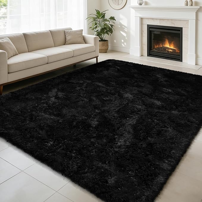 Shag Area Rug for Bedroom 4x6,Black Fluffy Area Rugs for Living Room,Soft Fuzzy Rug Non-Shedding Indoor Plush Carpet for Kids Bedroom Nursery Dorm Home Decor