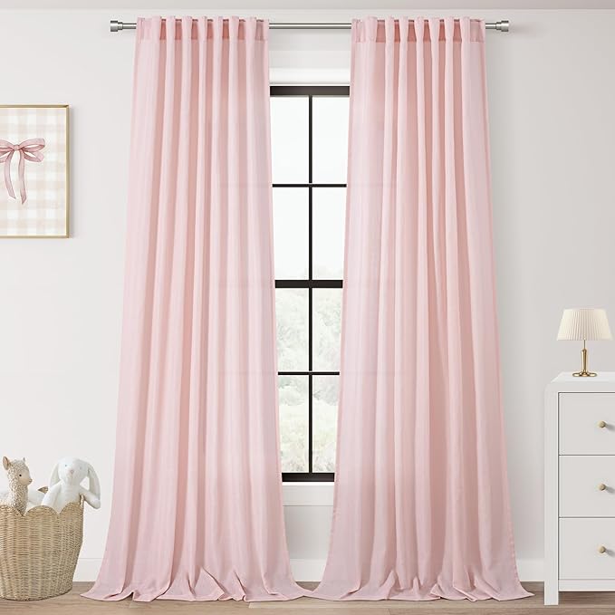 Pink Linen Curtains 90 Inch Long Back Tab Rod Pocket Window Treatment Curtain Panels for Girls Bedroom Semi Sheer Light Filtering Farmhouse Rustic Boho Elegant Drapes 52 x 90 Inch