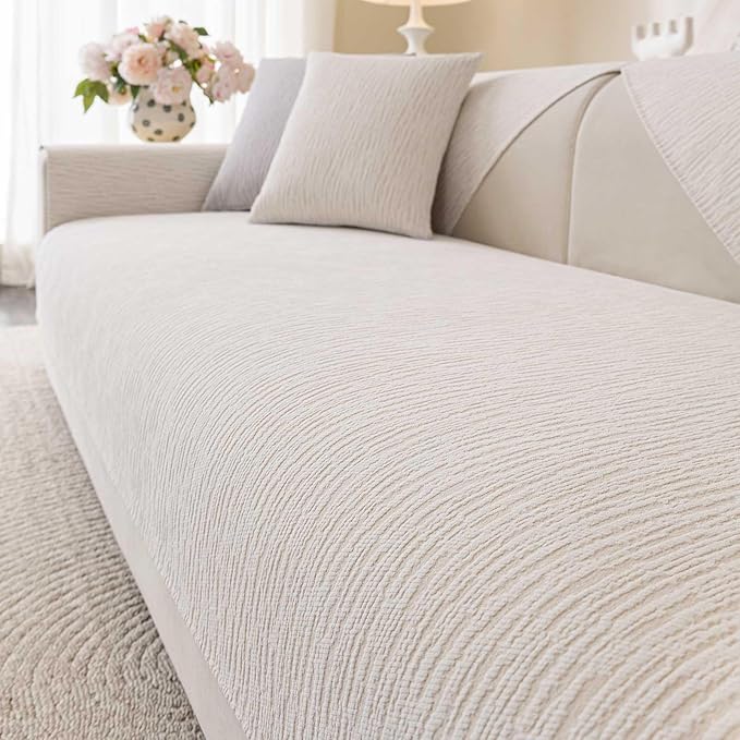 Soft Waterproof Chenille Cover Washable, Non Slip Sectional Sofa Covers for 3 Cushion Couch Sofa L Sharped Sofa Slipcover for Pets, Furniture Protector (1 PCS 36"x94" White)