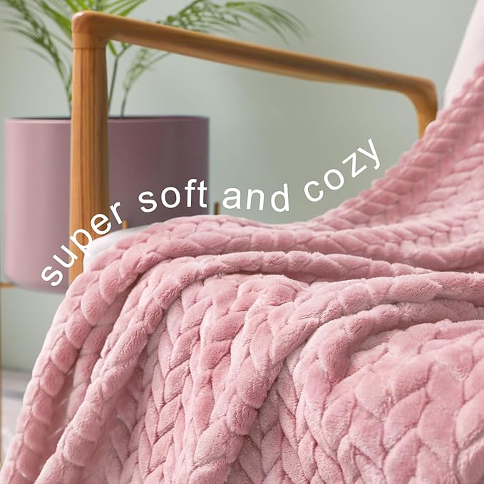 Exclusivo Mezcla Fleece Twin Size Blanket for Bed, 90x66 Inches Soft Cozy Jacquard Flannel Blankets, Lightweight Fuzzy Plush Warm for Women, Pink