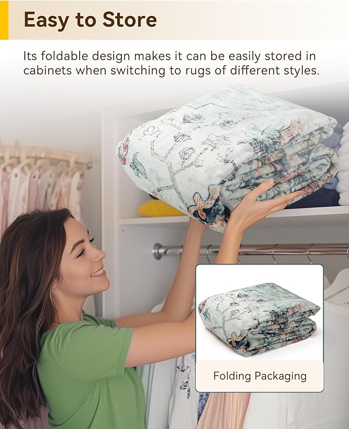 Area Rugs 10'x12' Washable Non-Slip, Floral Vintage Distress Print Pattern Medallion Carpet for Living Room Bedroom Dining Room, Green Navy Blue White Red Teal Colorful