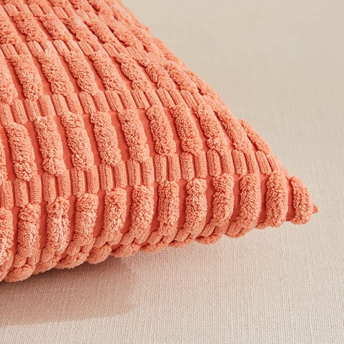 Fancy Homi 4 Packs Boho Coral Decorative Throw Pillow Covers 22x22 Inch for Living Room Couch Bed Sofa, Rustic Modern Farmhouse Home Decor, Soft Plush Corduroy Peach Cute Square Cushion Case 55x55 cm