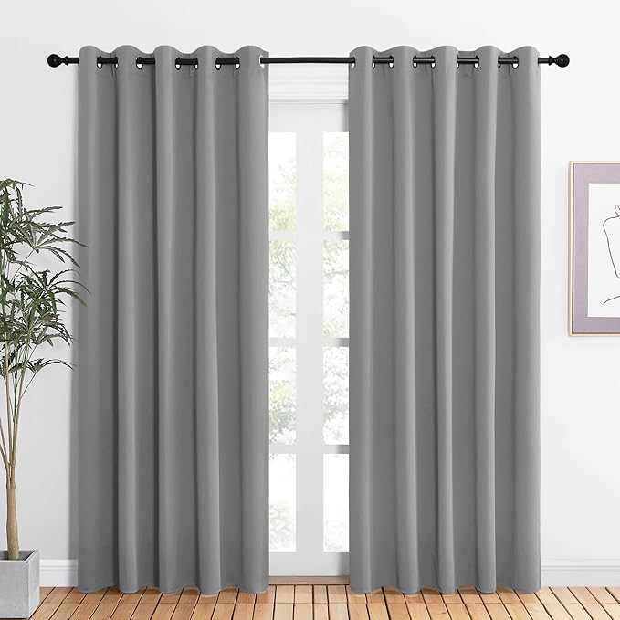 NICETOWN Bedroom Curtains Blackout Drapery Panels, Three Pass Microfiber Thermal Insulated Solid Ring Top Blackout Window Curtains/Drapes (Silver Grey, 2 Panels, 60 x 84 inches)