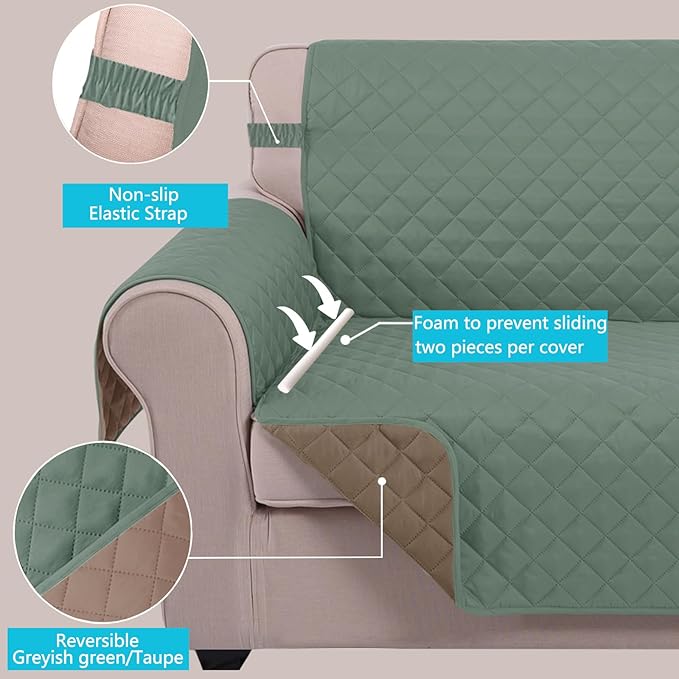 U-NICE HOME Recliner Chair Covers Reversible Quilted Water Repellent Pet Protectors with Elastic Straps (23''Recliner Small, Greyish Green/Taupe)